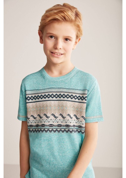 Keten Pamuk Karışım Etnik Desenli Mavi Çocuk Triko T-Shirt