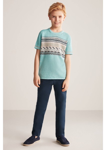 Keten Pamuk Karışım Etnik Desenli Mavi Çocuk Triko T-Shirt fiyatları