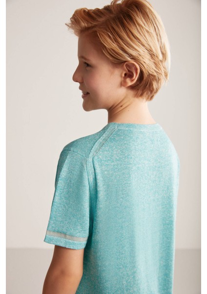 Keten Pamuk Karışım Etnik Desenli Mavi Çocuk Triko T-Shirt modelleri