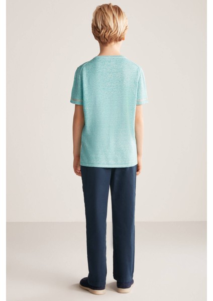 Keten Pamuk Karışım Etnik Desenli Mavi Çocuk Triko T-Shirt fırsatları