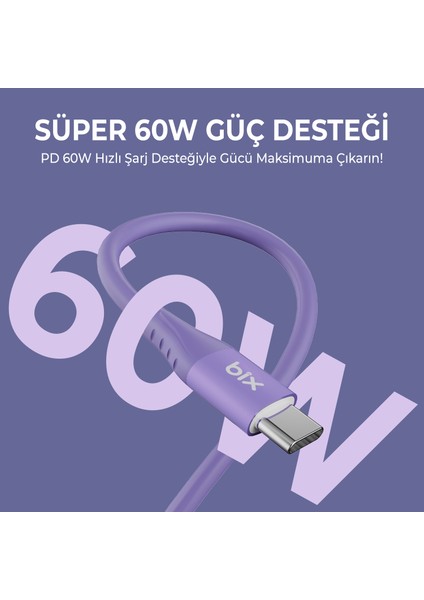 BXSC1CC 60W Type-C To Type-C Silikon Şarj ve Data Kablosu 1.2 Metre