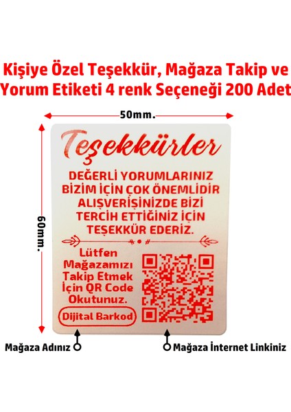Kişiye Özel Teşekkür Kart Etiketi, Mağaza Takip, Karekodlu Yorum Etiketi 6X5CM - 200 Adet