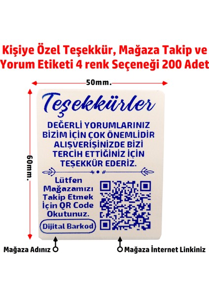 Kişiye Özel Teşekkür Kart Etiketi, Mağaza Takip, Karekodlu Yorum Etiketi 6X5CM - 200 Adet