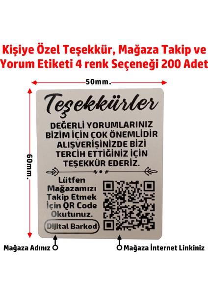 Kişiye Özel Teşekkür Kart Etiketi, Mağaza Takip, Karekodlu Yorum Etiketi 6X5CM - 200 Adet