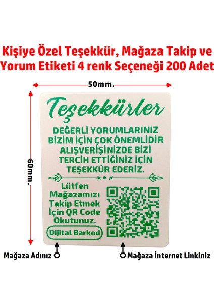 Kişiye Özel Teşekkür Kart Etiketi, Mağaza Takip, Karekodlu Yorum Etiketi 6X5CM - 200 Adet