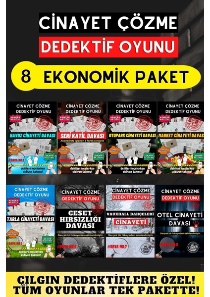 8'li Paket Cinayet Çözme - Ekonomik Paket Dedektif Oyunu - Çözülmeyen Davalar - Katil Kim Oyunu