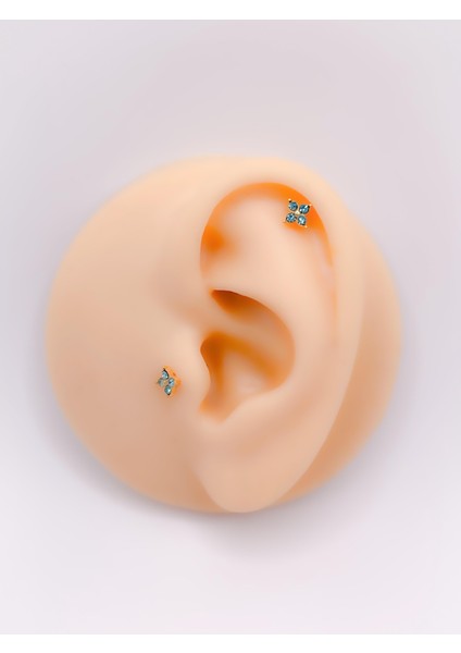 Cerrahi Çelik Piercing Dört Taşlı Çiçek Figürlü Kıkırdak Helix Tragus PIERCING(1ADET)