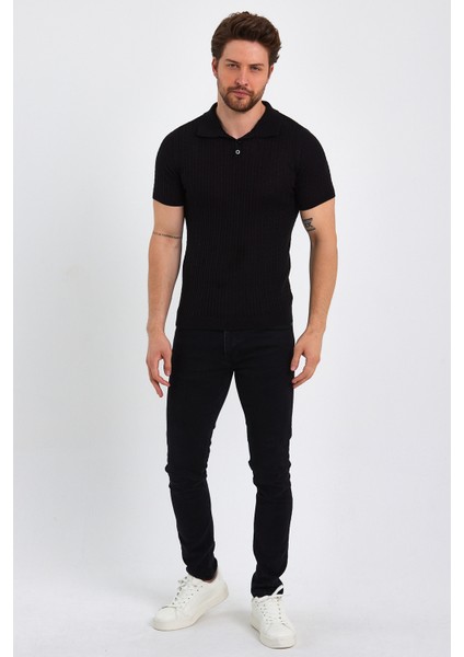 Erkek Polo Yaka Pamuk Saç Örgülü Slim Fit Kısa Kollu Ince Triko Tişört
