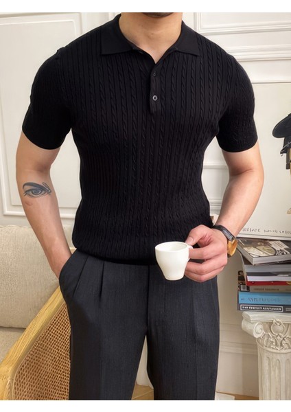 Erkek Polo Yaka Pamuk Saç Örgülü Slim Fit Kısa Kollu Ince Triko Tişört modelleri