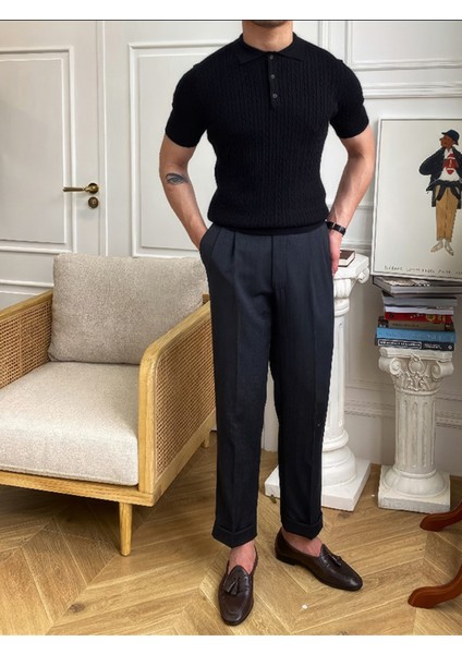 Erkek Polo Yaka Pamuk Saç Örgülü Slim Fit Kısa Kollu Ince Triko Tişört fırsatları