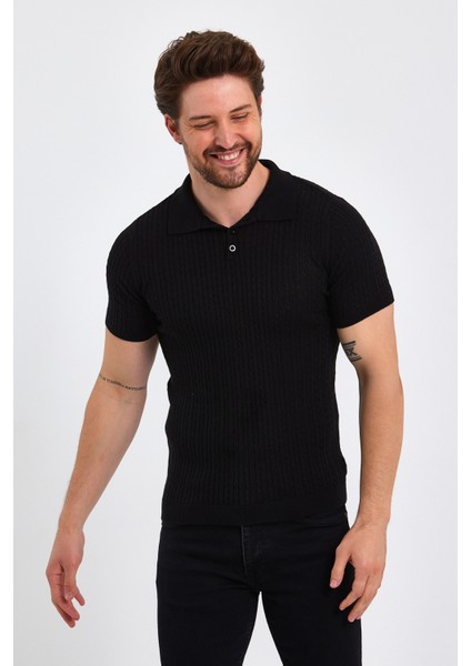 Erkek Polo Yaka Pamuk Saç Örgülü Slim Fit Kısa Kollu Ince Triko Tişört indirimleri