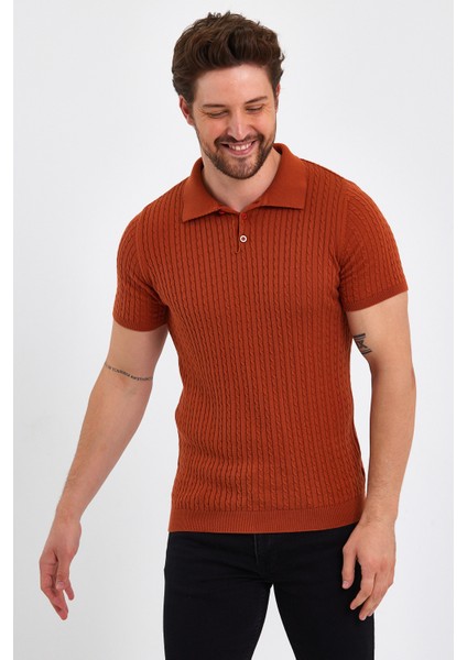 Erkek Polo Yaka Pamuk Saç Örgülü Slim Fit Kısa Kollu Ince Triko Tişört fırsatları