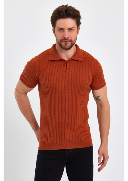 Erkek Polo Yaka Pamuk Saç Örgülü Slim Fit Kısa Kollu Ince Triko Tişört indirimleri