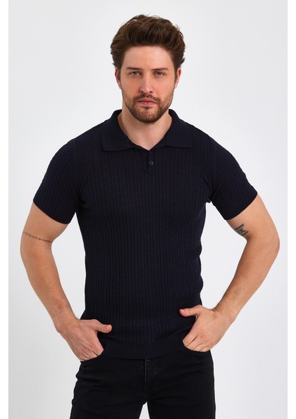 Erkek Polo Yaka Pamuk Saç Örgülü Slim Fit Kısa Kollu Ince Triko Tişört