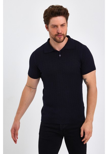 Erkek Polo Yaka Pamuk Saç Örgülü Slim Fit Kısa Kollu Ince Triko Tişört fırsatları