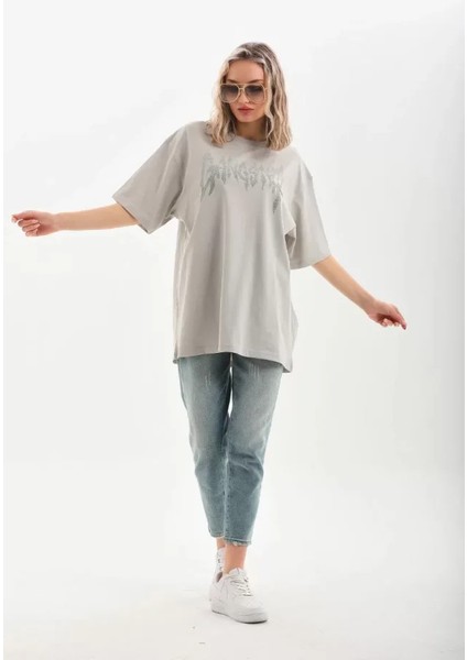 Unisex Taş Desenli Oversize T-Shirt - Gri