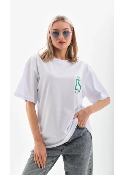 Unisex Baskılı Oversize T-Shirt - Beyaz