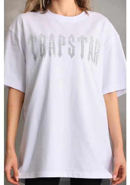 Taş Desenli Oversize T-Shirt - Beyaz modelleri