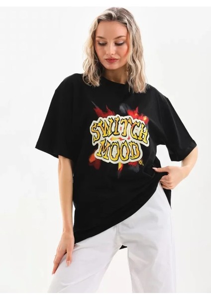 Unisex Baskılı Oversize T-Shirt - Siyah