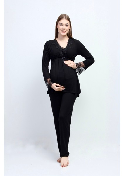Siyah Tesettürlü Sabahlıklı Hamile Lohusa Pijama Takımı fırsatları