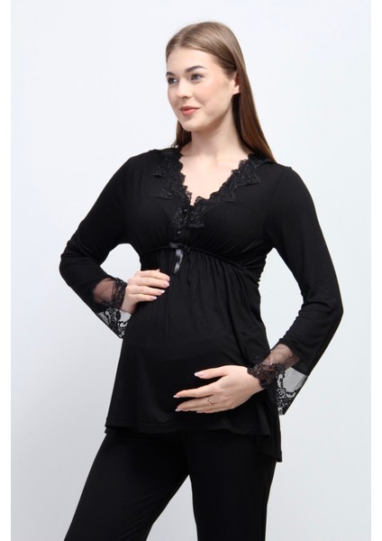 Siyah Tesettürlü Sabahlıklı Hamile Lohusa Pijama Takımı indirimleri