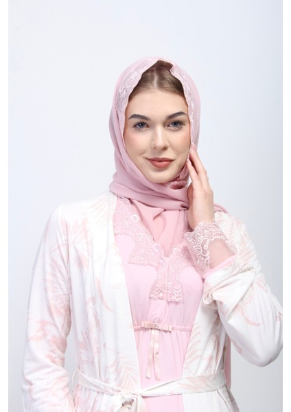 Pembe Tesettürlü Sabahlıklı Hamile Lohusa Gecelik Takım