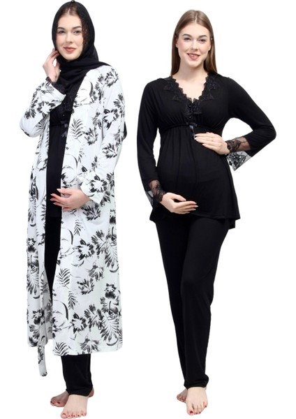Siyah Tesettürlü Sabahlıklı Hamile Lohusa Pijama Takımı