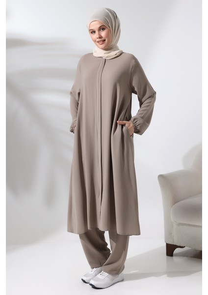 Kadın Hac ve Umre Kıyafeti Tesettür Ikili Takım Vizon