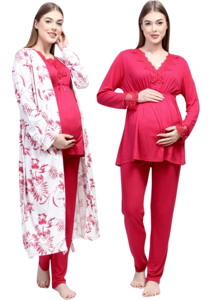 Vişne Sabahlıklı Hamile Lohusa Pijama Takımı