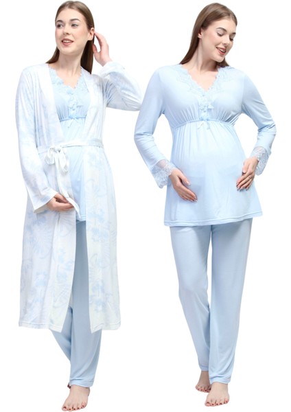 Mavi Sabahlıklı Hamile Lohusa Pijama Takımı