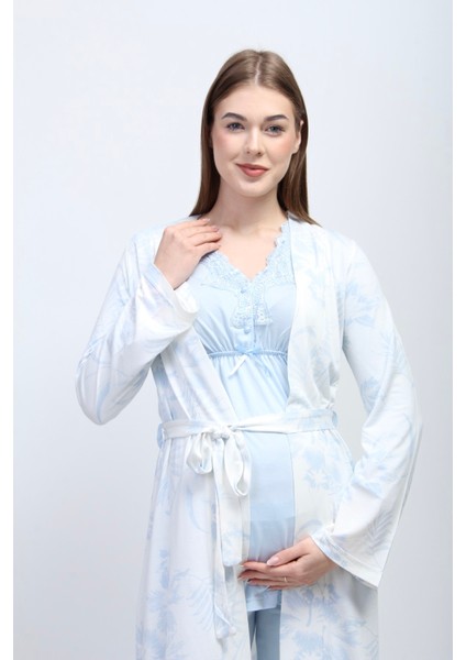 Mavi Sabahlıklı Hamile Lohusa Pijama Takımı modelleri