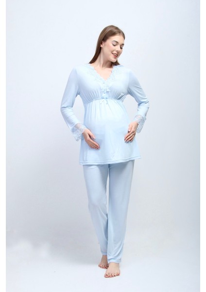 Mavi Sabahlıklı Hamile Lohusa Pijama Takımı indirimleri