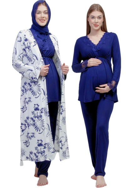 Lacivert Tesettürlü Sabahlıklı Hamile Lohusa Pijama Takımı