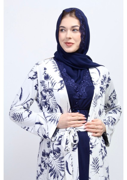 Lacivert Tesettürlü Sabahlıklı Hamile Lohusa Pijama Takımı modelleri