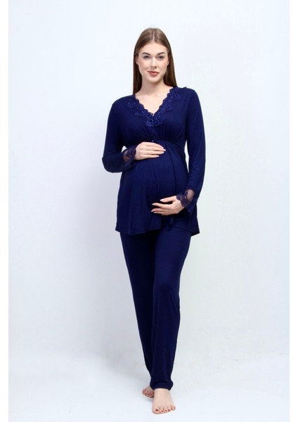 Lacivert Tesettürlü Sabahlıklı Hamile Lohusa Pijama Takımı fırsatları