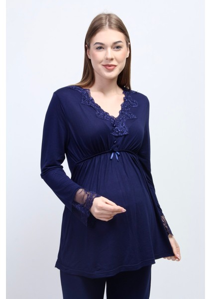 Lacivert Tesettürlü Sabahlıklı Hamile Lohusa Pijama Takımı indirimleri