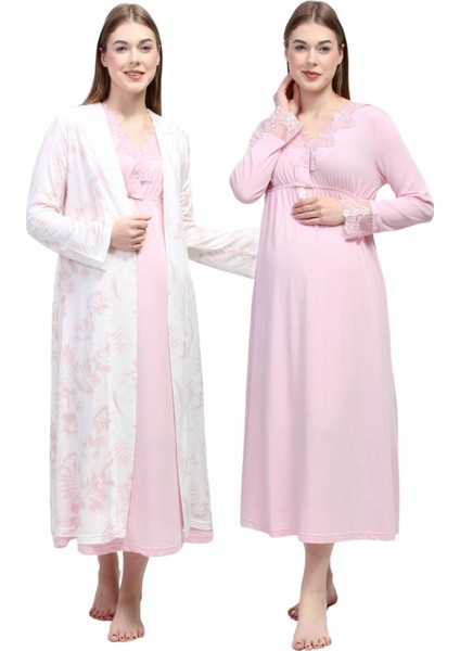 Pembe Sabahlıklı Hamile Lohusa Gecelik Takım