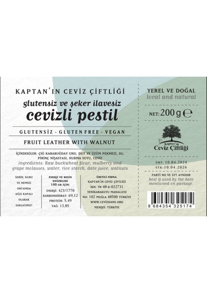 Glütensiz ve Şeker Ilavesiz Geleneksel Lezzet Cevizli Pestil 200 G