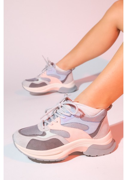 Crown Buz Pudra Multi Bağcıklı Kadın Kalın Taban Spor Sneakers