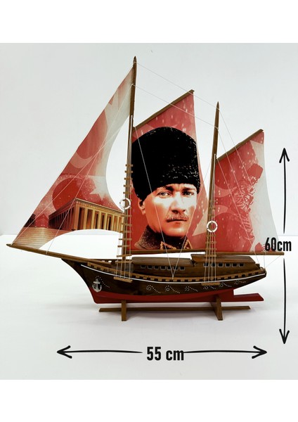 , Atatürk Baskılı Bez Yelkenli, Ahşap Maket Yat Gemi Modeli Hediye Kotra - Kişiselleştirilebilir El Yapımı Ev, Ofis Hediyesi ve Aksesuarı