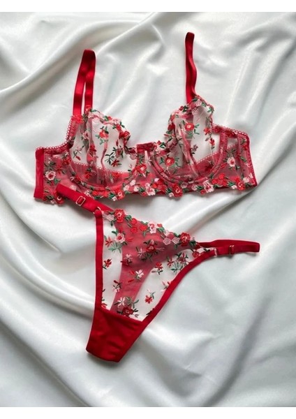 Kadın Balenli Barbie Kırmızı Çiçekli Brode Dantel Işlemeli Sütyen Bralet Takım fiyatları