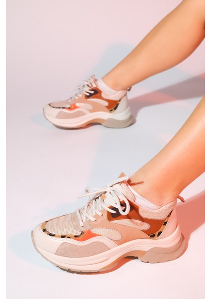 Crown Bej Taba Bağcıklı Kadın Kalın Taban Spor Sneakers