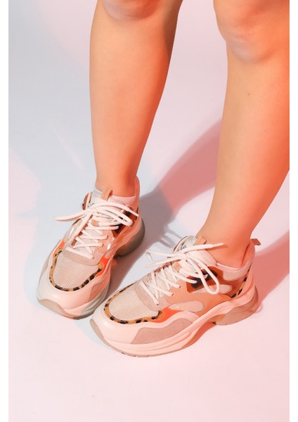 Crown Bej Taba Bağcıklı Kadın Kalın Taban Spor Sneakers