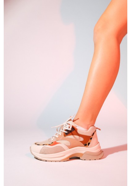 Crown Bej Taba Bağcıklı Kadın Kalın Taban Spor Sneakers