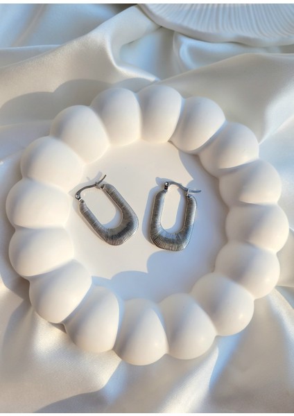 Kadın Paslanmaz Çelik Tırtıklı Dikdörtgen Halka Küpe