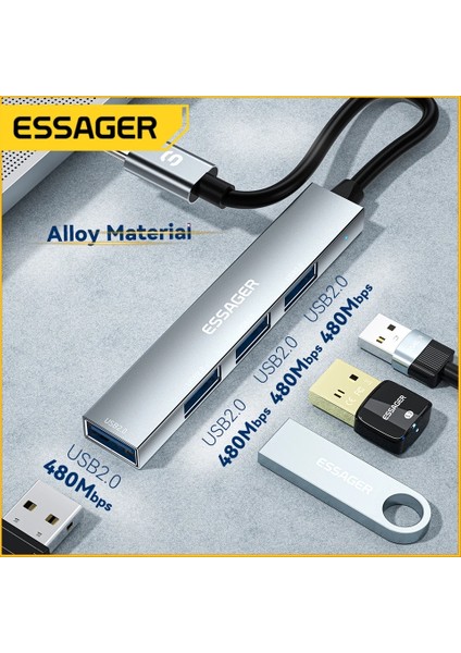 4'ün 1'i Hub Çoklayıcı CE/FC/ROHS Lisanslı Laptop/Bilgisayar/ USB Girişli 480Mbps Usb4x2.0 Usb Girişli Metal Aleminyum Sağlam 480Mbps Hızlı
