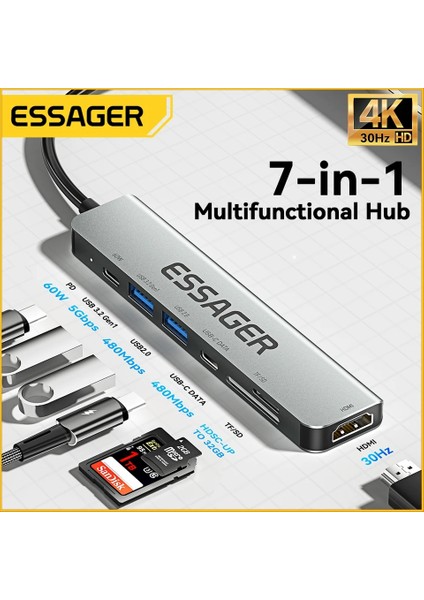 7'in 1'i Laptop/Macbook/Tv/Projektör Hub Çoklayıcı /4K 30Hz HDM/Type-C/TF Kart/SD Kart/Usb 3.2/Usb 2.0/Pd 60W/ 5Gps Hızlı En Son Nesil Yeni Teknoloji Orjinal