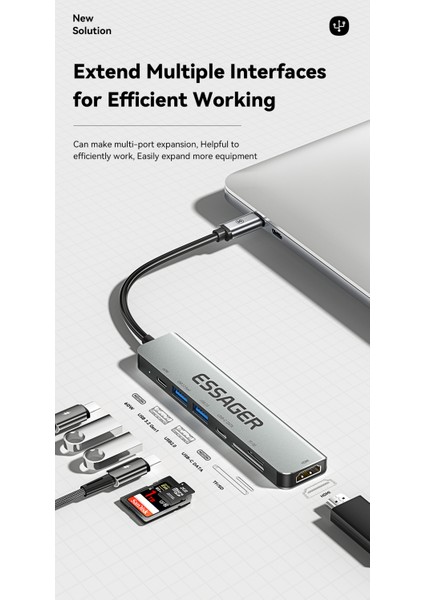 7'in 1'i Laptop/Macbook/Tv/Projektör Hub Çoklayıcı /4K 30Hz HDM/Type-C/TF Kart/SD Kart/Usb 3.2/Usb 2.0/Pd 60W/ 5Gps Hızlı En Son Nesil Yeni Teknoloji Orjinal
