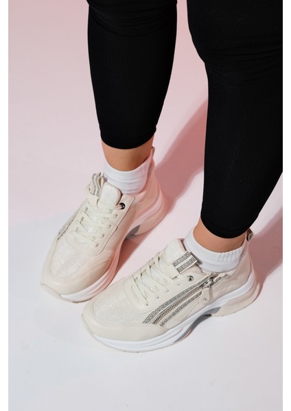 Oude Ekru Kadın Fermuarlı Kalın Taban Spor Sneakers