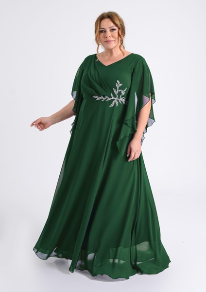 Büyük Beden Yeşil Renkli Yırtmaçlı Uzun Şifon Abiye Elbise fiyatları